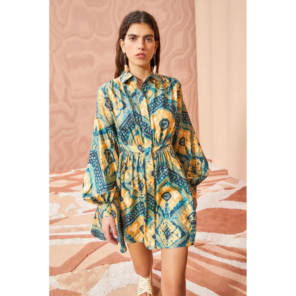 ULLA JOHNSON Jude Dress Constellation Green Yellow Silk Size 00 Long Sleeve Mini